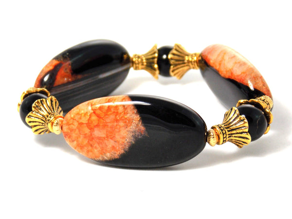 Black Orange Agate Gold Plated Statement Bracelet by KMagnifiqueDesigns