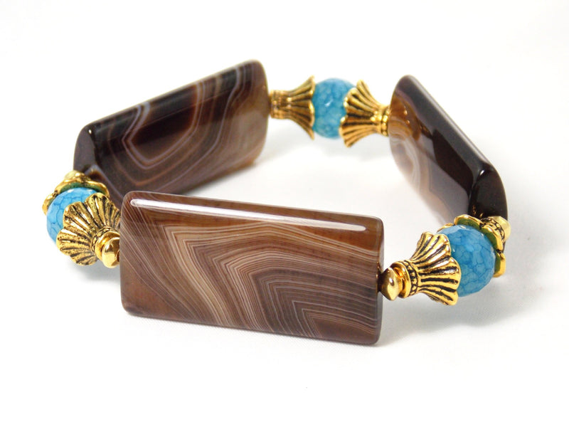 Brown & Blue Agate Stone Gold Plated Stretch Statement Bracelet