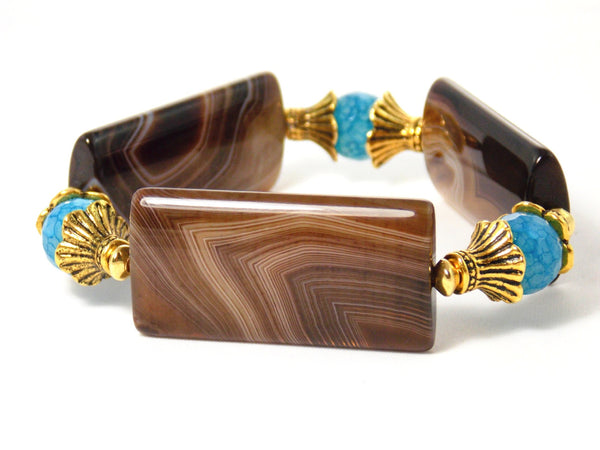 Brown & Blue Agate Stone Gold Plated Stretch Statement Bracelet