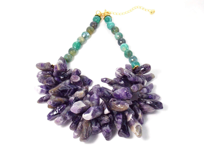 Chunky Amethyst & Green Agate Gold Bib Statement Necklace - KMagnifiqueDesigns