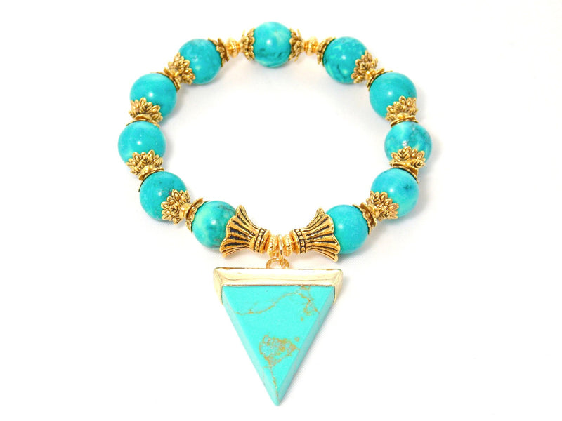 Blue Turquoise Howlite Stone Gold Plated Stretch Dangle Pendant Statement Bracelet