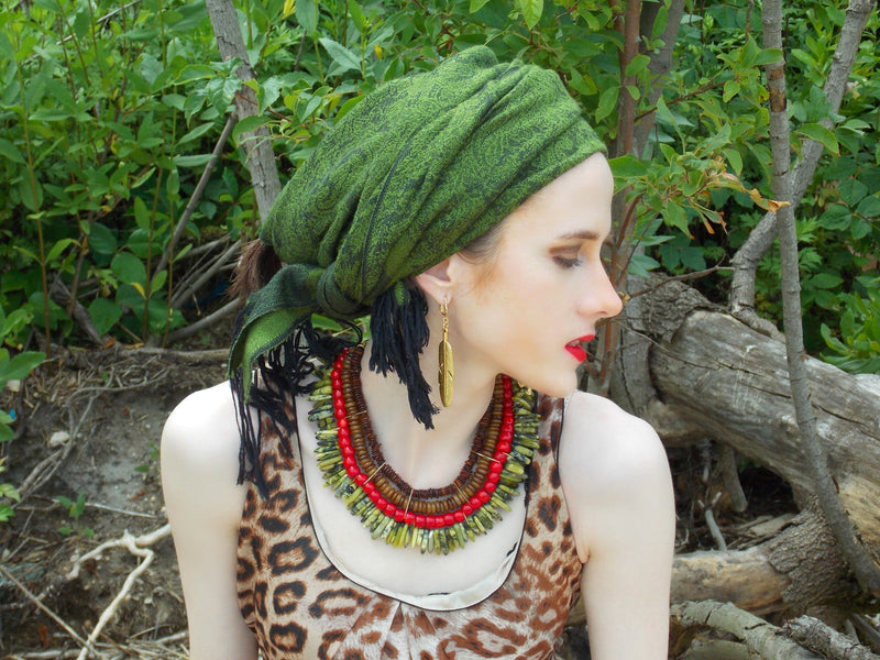 Green Jasper Red Coral African Statement Necklace - KMagnifiqueDesigns