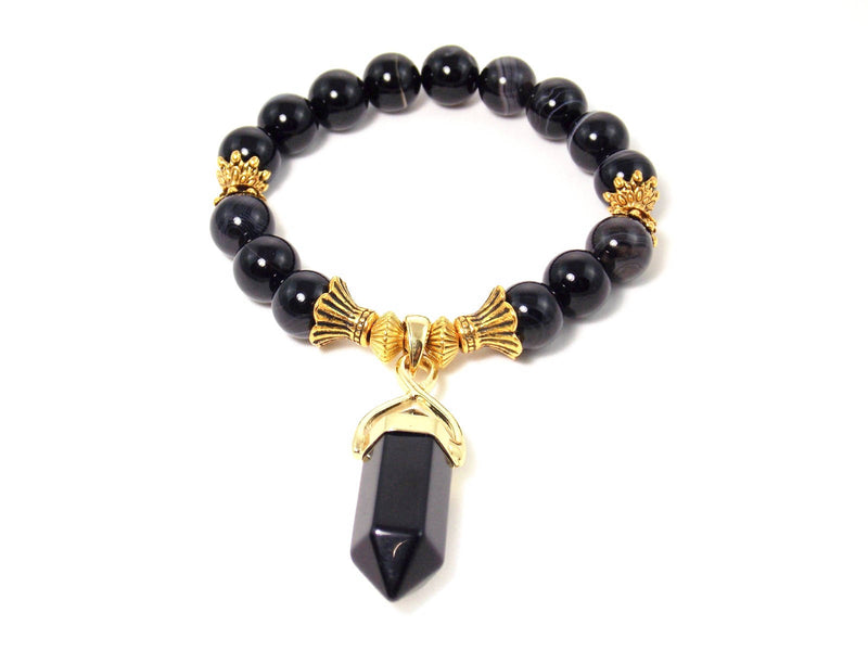 Black Obsidian & Agate Stone Gold Pendant Statement Bracelet by KMagnifiqueDesigns