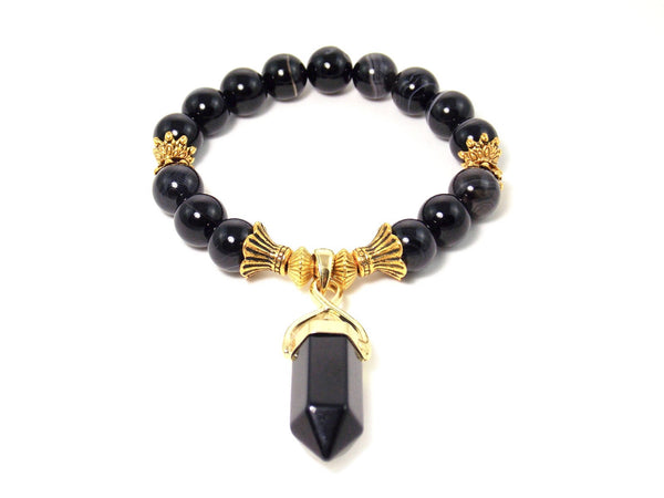 Black Obsidian & Agate Stone Gold Pendant Statement Bracelet by KMagnifiqueDesigns