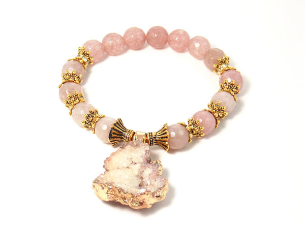 Pink Rose Quartz Raw Crystal Pendant Bracelet - KMagnifiqueDesigns