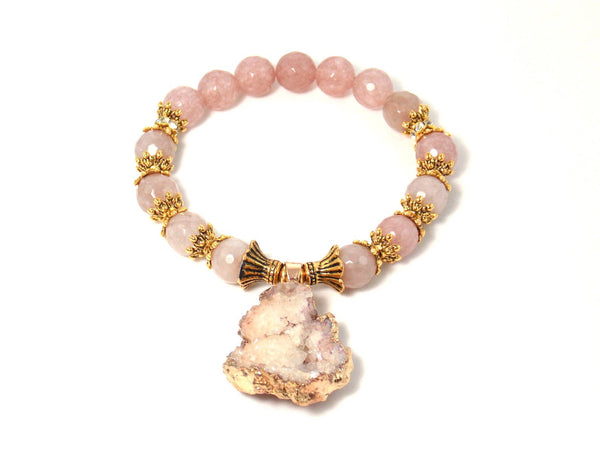Pink Rose Quartz Raw Crystal Pendant Bracelet - KMagnifiqueDesigns
