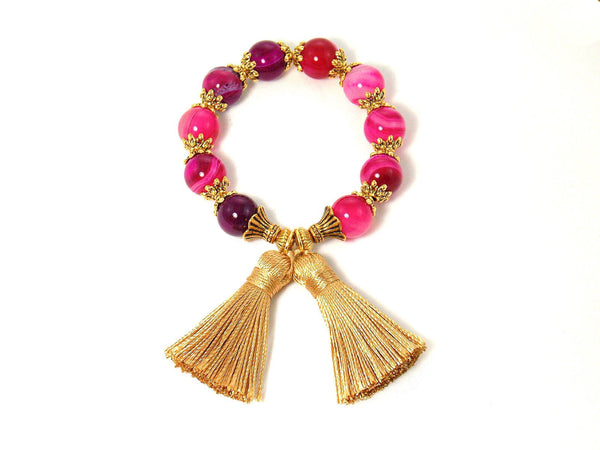 Pink Agate Gold Tassel Statement Bracelet - KMagnifiqueDesigns