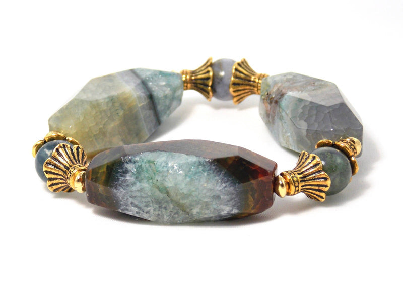 Large Gray Green Agate And Jasper Stone Gold Plated Beaded Statement Bracelet