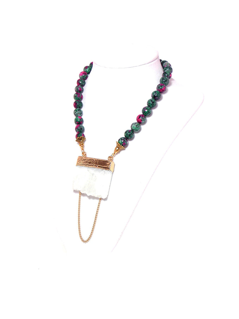 Green Ruby Zoisite, Gold Plated White Quartz, Beaded Gemstone Pendant Necklace