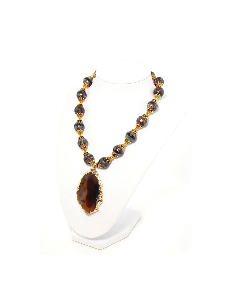 Brown Agate Gold Plated Pendant Statement Necklace - KMagnifiqueDesigns