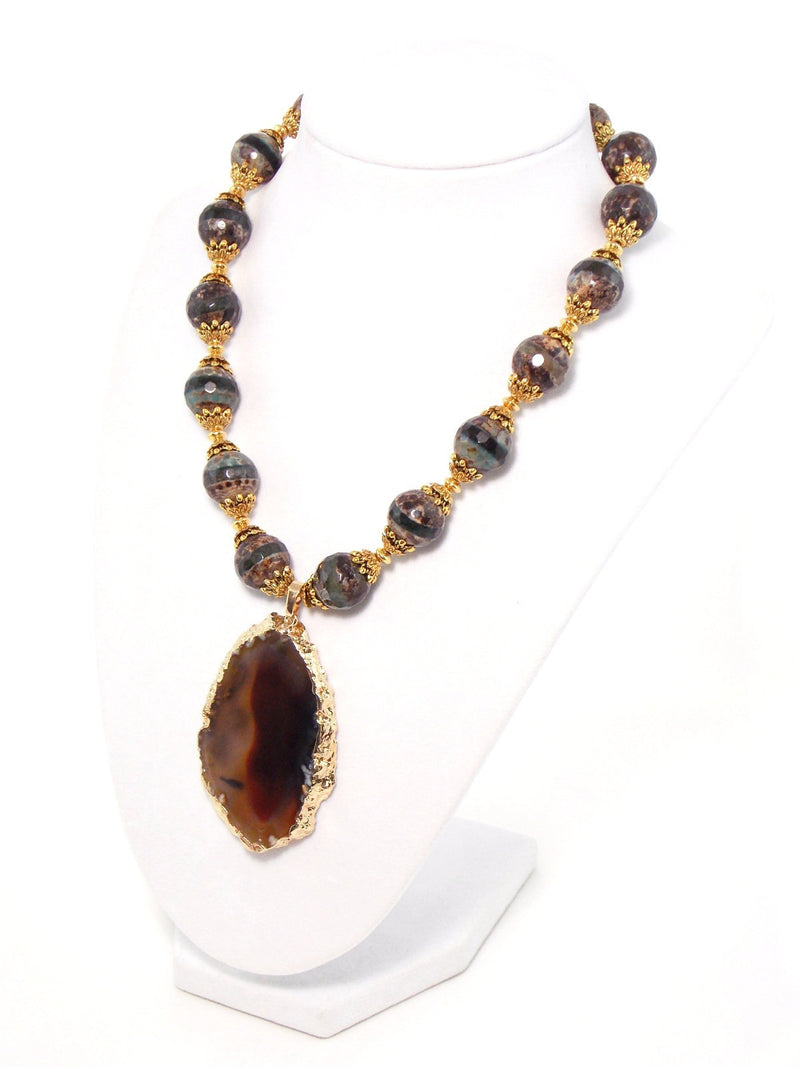 Brown Agate Gold Plated Pendant Statement Necklace - KMagnifiqueDesigns