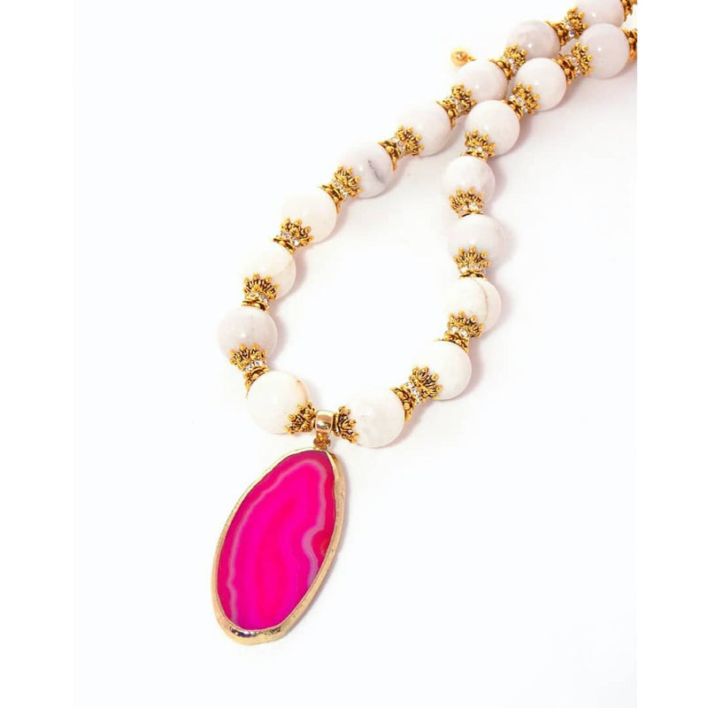 Pink Agate & White Quartz Gold Crystal Pendant Necklace - KMagnifiqueDesigns