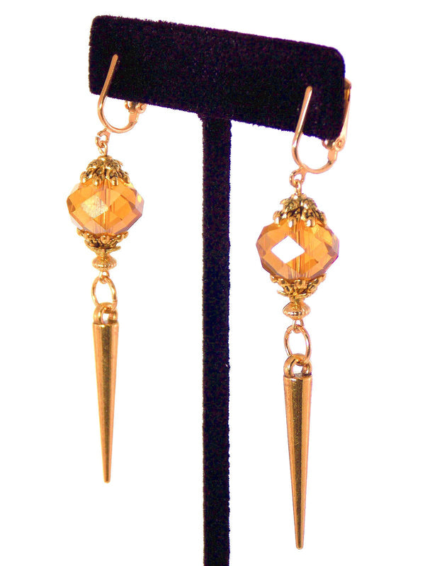 Glass Amber Gold Spike Long Dangle Statement Earrings Clip On Optional