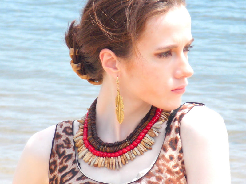 Picture Jasper Red Coral & Brown Shell Tribal African Bib Statement Necklace