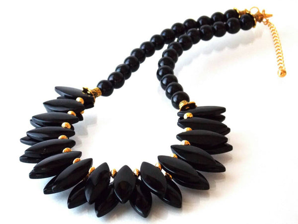 Black Agate Glass Spike Gold Bib Statement Necklace by KMagnifiqueDesigns