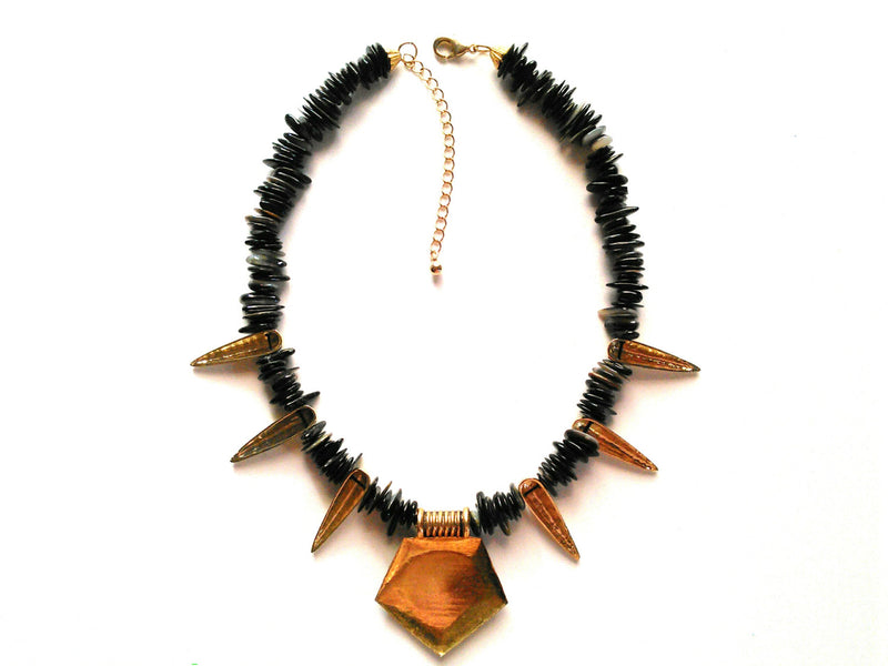 Black Mother Of Pearl Gold Spike Pendant Statement Necklace - KMagnifiqueDesigns