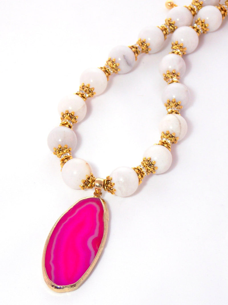 Pink Agate & White Quartz Gold Crystal Pendant Necklace - KMagnifiqueDesigns
